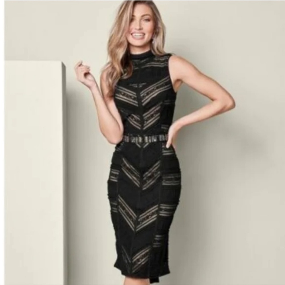 Venus mock neck lace overlay midi dress